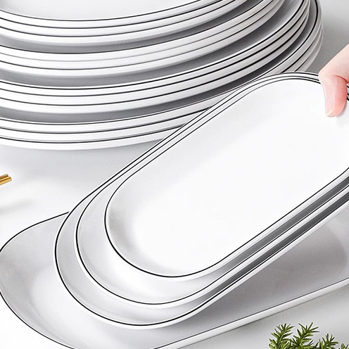 Đĩa Bầu Phíp Trắng Viền Đen Phong Cách Bắc Âu Melamine A5 666003