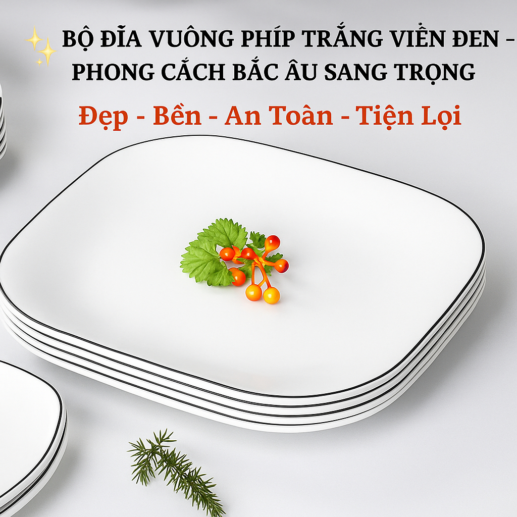 Đĩa Vuông Trắng Viền Đen Phong Cách Bắc Âu Melamine A8 4580