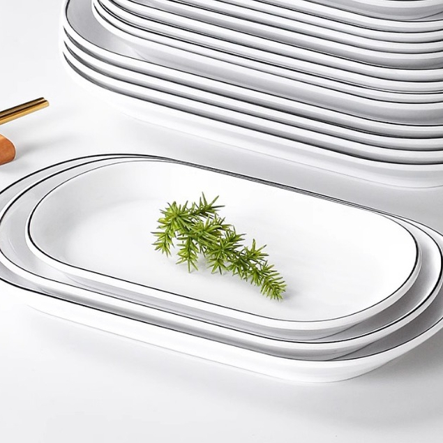 Đĩa Bầu Phíp Trắng Viền Đen Phong Cách Bắc Âu Melamine A5 666003