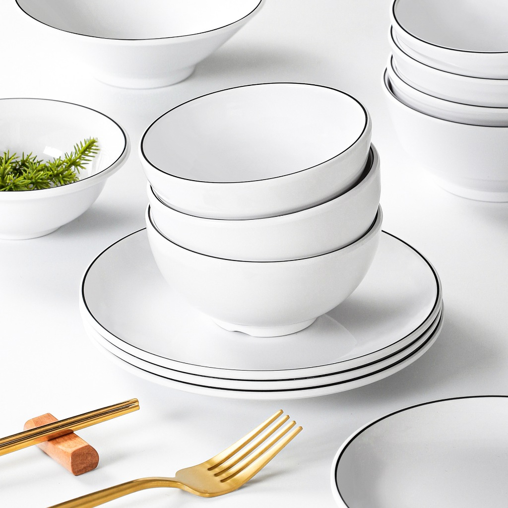 Bát Ăn Cơm Trơn Phíp Trắng Viền Đen Melamine Phong Cách Bắc Âu 045SA100